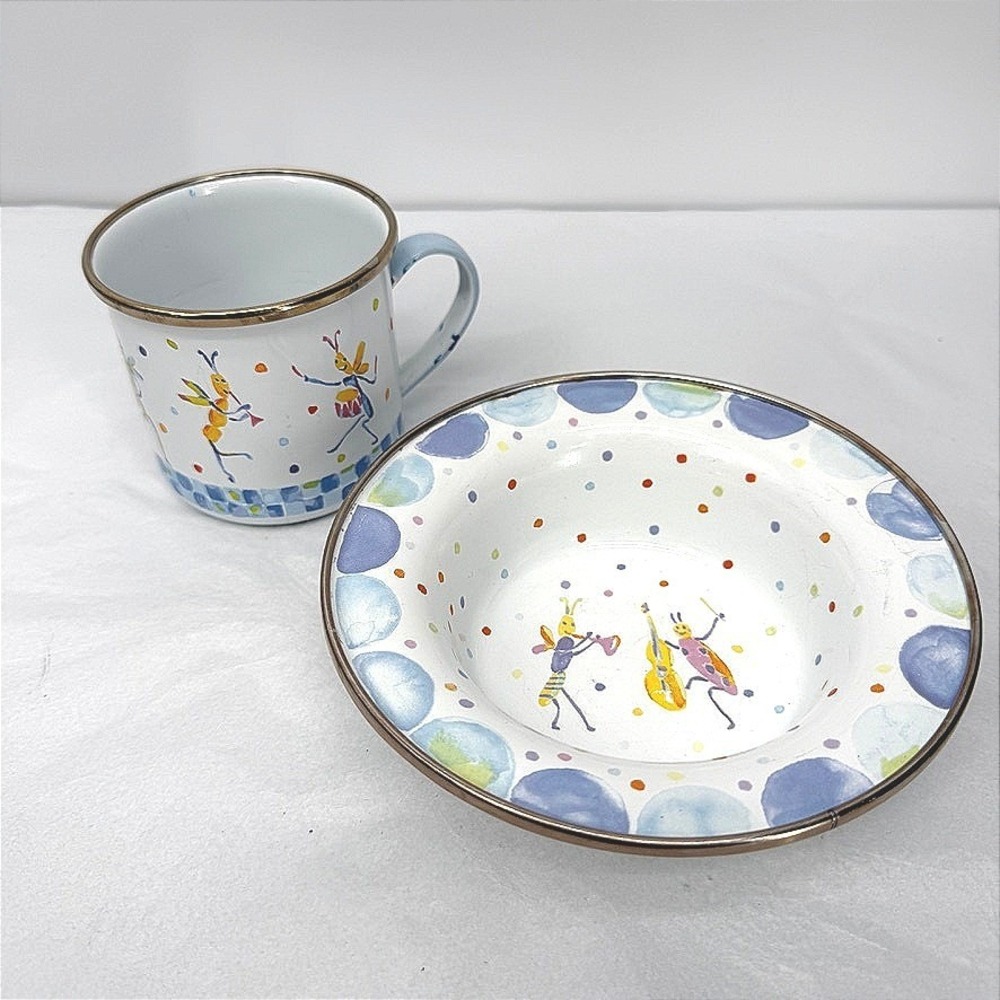 MacKenzie-Childs Cricket Music Enamel Mug & Bowl SET Whimsical Kids Child Dish